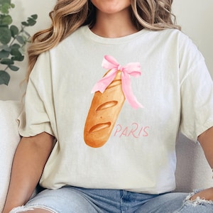 Paris Baguette Coquette Tee – Cute French Style Shirt – Aesthetic Pink Bow Top – Feminine Gift for Her
