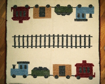 Hand Crocheted Child's Train Rug with Cross Stitch Embroidery