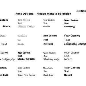 May include: A white chart titled Font Options - Please make a Selection with the logo ALLINKEDOUT USA in the corner. It displays sixteen different font styles, each showing the phrase Your Custom Text followed by the specific font name below.