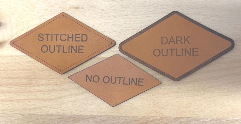 May include: Three diamond-shaped tan leather patches. The top left patch features a stitched border and the text STITCHED OUTLINE. The top right patch has a dark brown border and the text DARK OUTLINE. The bottom patch has no border and the text NO OUTLINE.