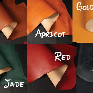 May include: A collection of six leather swatches in tan, apricot, goldenrod, jade, red, and black. Each piece of leather shows a smooth, colored top surface and a natural, light-colored underside. The text labels Tan, Apricot, Goldenrod, Jade, Red, and Black are printed over their respective leather samples.