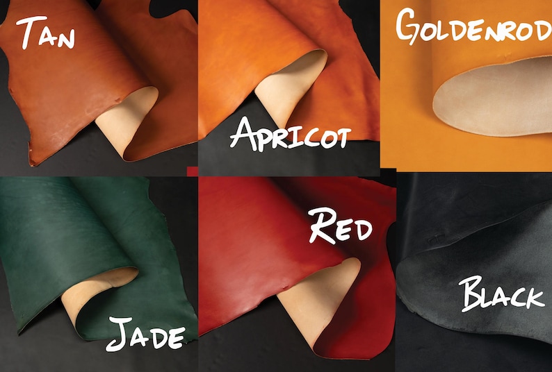 May include: A collection of six leather swatches in tan, apricot, goldenrod, jade, red, and black. Each piece of leather shows a smooth, colored top surface and a natural, light-colored underside. The text labels Tan, Apricot, Goldenrod, Jade, Red, and Black are printed over their respective leather samples.