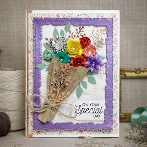 Handgemachte 3D Blumen Grußkarte - "ON YOUR Special DAY" - Geburtstag, Jubiläum, jeder Anlass - Shabby Chic Karte mit Papierblumenstrauß