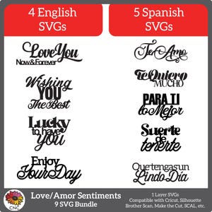 Love & Amor Sentiments SVG-bundel | 9 Engels-Spaanse zinnen | Cricut Cut Ready-bestanden | Ik wens je het beste, Te Amo, Te Quiero, Love You