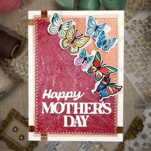 Cartão de Feliz Dia das Mães feito à mão | Design de cascata de borboletas | Cartão texturizado 6x8 com detalhes em cobre | Caixa inclusa | Presente para a mamãe