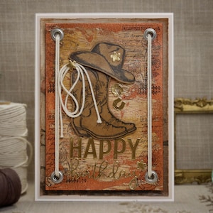 Handgemachte Cowboy Geburtstagskarte - Rustikale Westernkarte - 150x200 Einzigartige Grußkarte - Stiefel & Hut - ""Happy Birthday"" - Koordinierende Geschenkbox