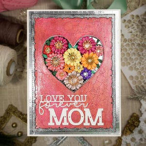 Cartão de Dia das Mães feito à mão | Te amo para sempre, mãe | Janela de coração floral | Cartão texturizado 6x8 com folha de prata | Caixa inclusa