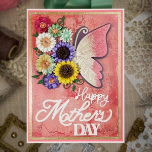 Handgemaakte Happy Mother's Day-kaart | Bloemenburst en vlinder | 6 x 8 kaart met structuur en 3D-bloemen | Doos inbegrepen | Cadeau voor moeder