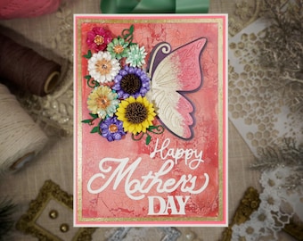 Handmade Happy Mother's Day Card | Floral Burst & Butterfly | 6x8 Textured Card with 3D Flowers | Box Included | Gift for Mom