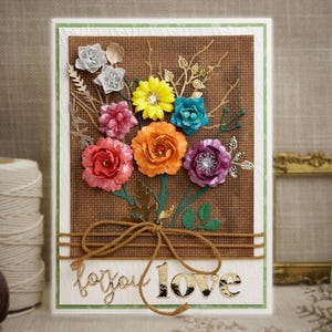 Rustikale Blumen Grußkarte - 3D Papier Blumenstrauß - "For You, Love" - Handgefertigt - 15x20cm Perfekt für Geburtstage oder Jubiläen