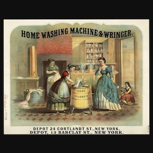 Vintage Home Washing Machine and Wringer Print | 1866 Currier & Ives Laundry Poster | Digital Download | Antique Home Decor | Farmhouse Art