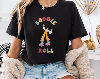 Koszulka Boogie Roll Retro Skater, koszulka z grafiką Roller Disco z lat 70., koszulka Funky Roller Skating dla kobiet i dziewcząt, prezent Vintage Skater