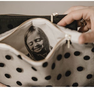 Keepsake gift for her | Polka dot pouch with photo lining