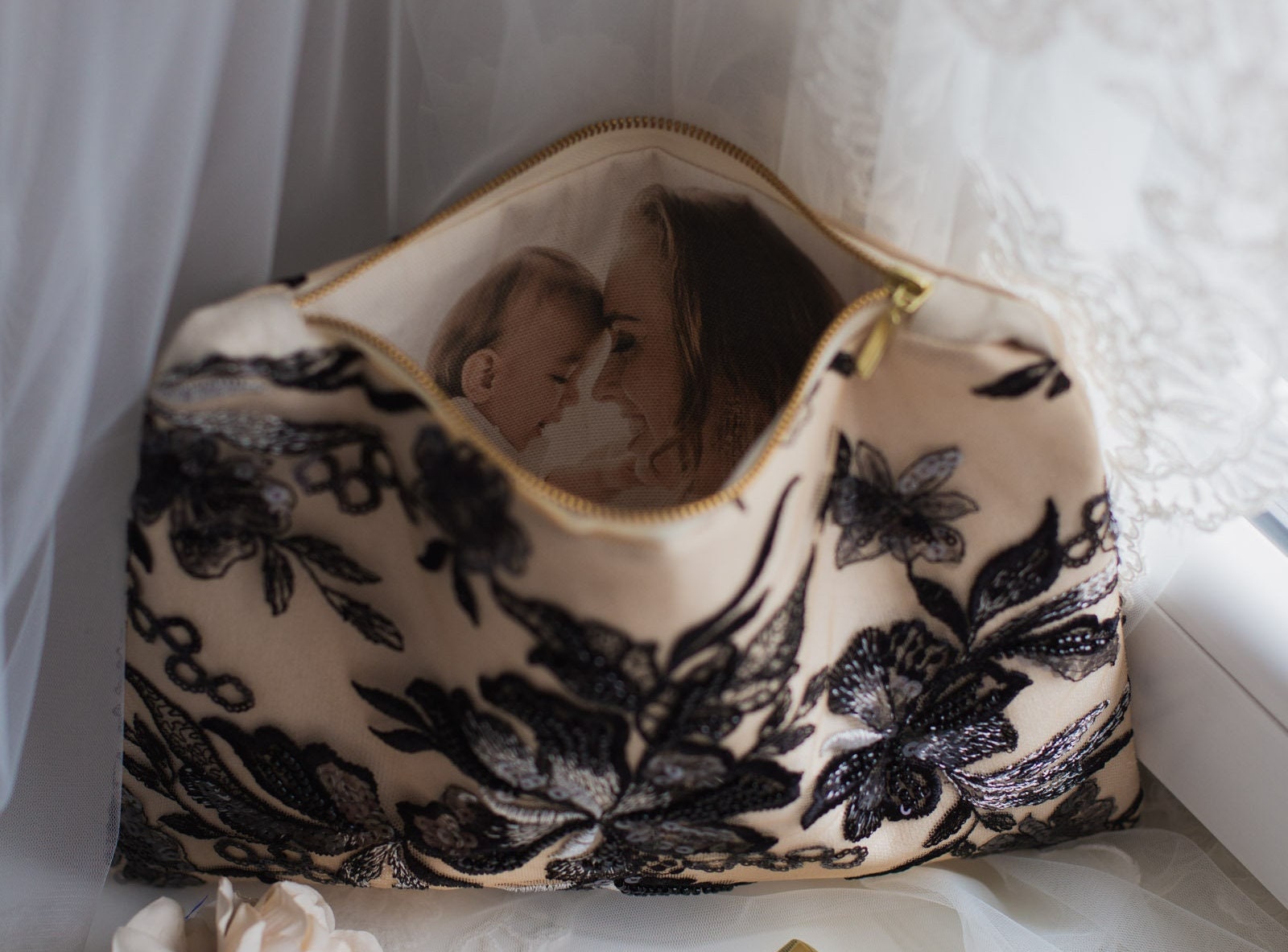 Black Lace on ivory Keepsake Clutch with Personalized Photo Lining - Perfect Gift for Mother of the Bride or Groom