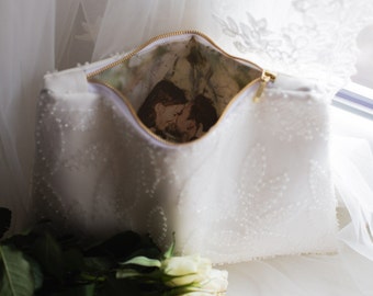 White Bridal Clutch with Sequins and Beadwork | Perfect Gift for the Bride | Customized Photo Lining Purse