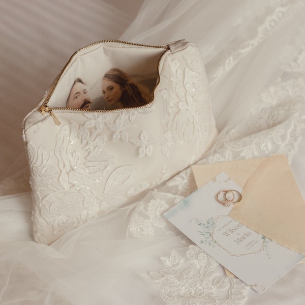 Pochette de mariée - porte-monnaie de mariée ivoire - porte-monnaie blanc pour le jour du mariage - idée cadeau pour la mariée - doublure de sac à main avec photo