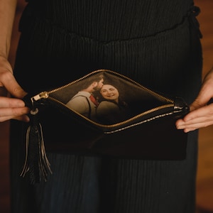 Black leather purse, photo lining purse, custom gift for her, vegan purse