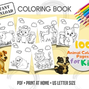 Printable Animal Coloring Book for Kids – 100 Cute Coloring Pages | Farm Animals, Jungle Animals, Unicorns, Dogs & Cats | Instant Download image 1