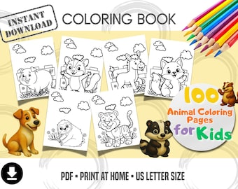 Printable Animal Coloring Book for Kids – 100 Cute Coloring Pages | Farm Animals, Jungle Animals, Unicorns, Dogs & Cats | Instant Download
