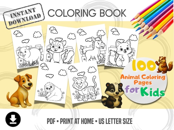 Printable Animal Coloring Book for Kids – 100 Cute Coloring Pages | Farm Animals, Jungle Animals, Unicorns, Dogs & Cats | Instant Download