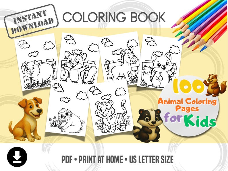 Printable Animal Coloring Book for Kids – 100 Cute Coloring Pages | Farm Animals, Jungle Animals, Unicorns, Dogs & Cats | Instant Download image 1