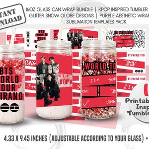 Könnte beinhalten: Ein Bundle mit 16oz Glas-Can-Wraps mit K-Pop-inspirierten Designs. Das Bild zeigt drei Glasbecher mit roten und weißen Glitzer und roten Grafiken. Der Text enthält "BTS World Tour" und "Arirang". Die Wraps sind 11 x 24 cm groß.