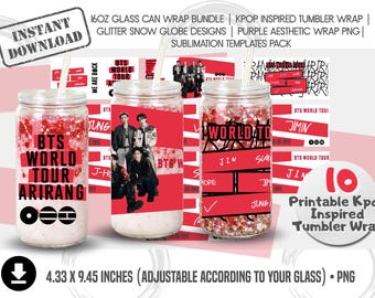 16oz Glass Can Wrap Bundle | Kpop Inspired Tumbler Wrap | Glitter Snow Globe Designs | Purple Aesthetic Wrap PNG| Sublimation Templates Pack