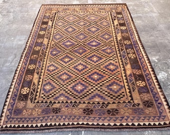 Antique Afghan Kilim Rug, Handmade Wool Rug, Flatweave Geometric Ghalmoori Design, 6x8 ft