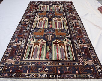 Vintage Turkmen Pictorial Rug: 4x7 Hand-Knotted Afghan Wool