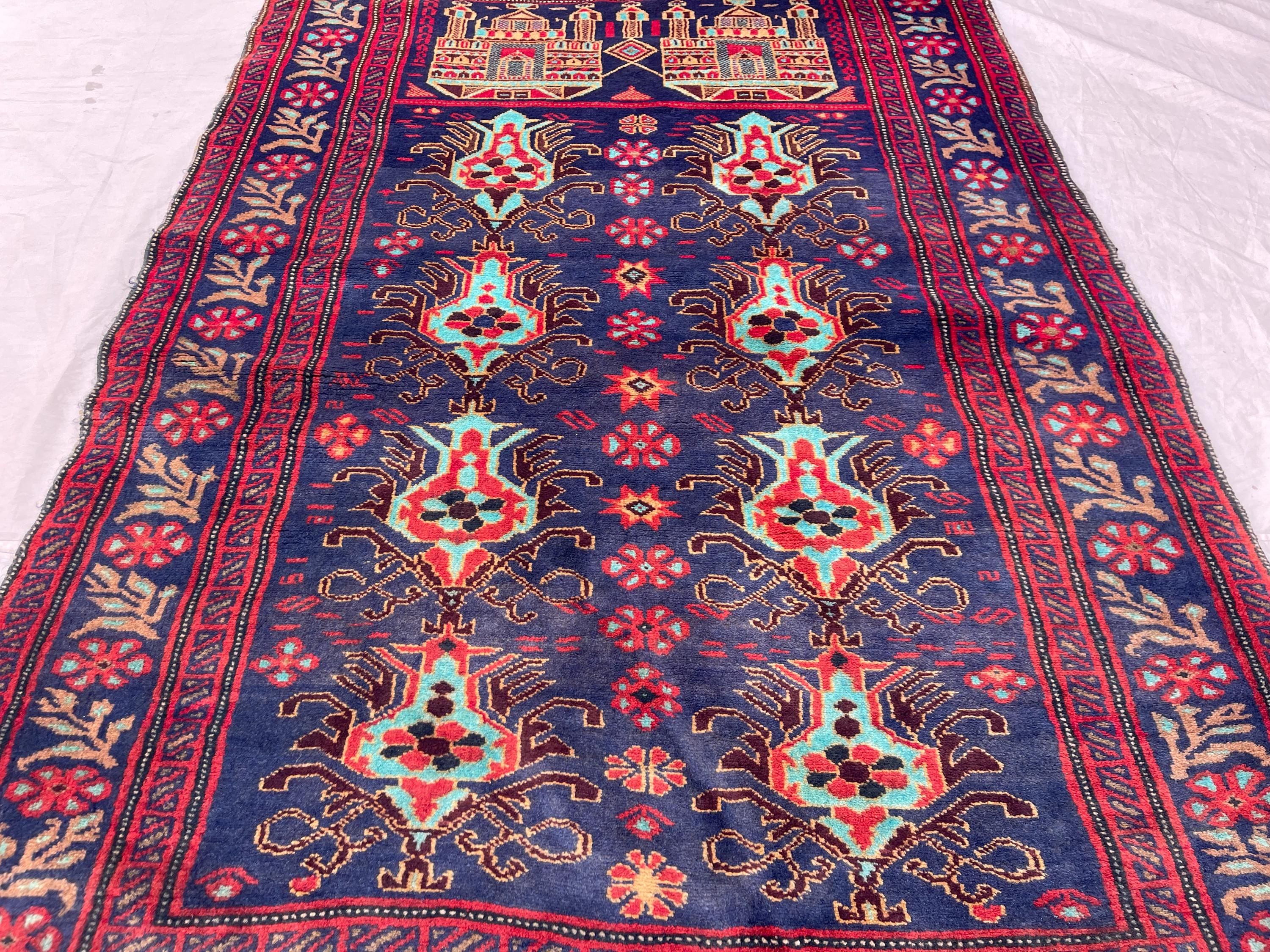 Afghan Navy Blue Rug: 4x5 Ft Hand-knotted Wool, Geometric Design
