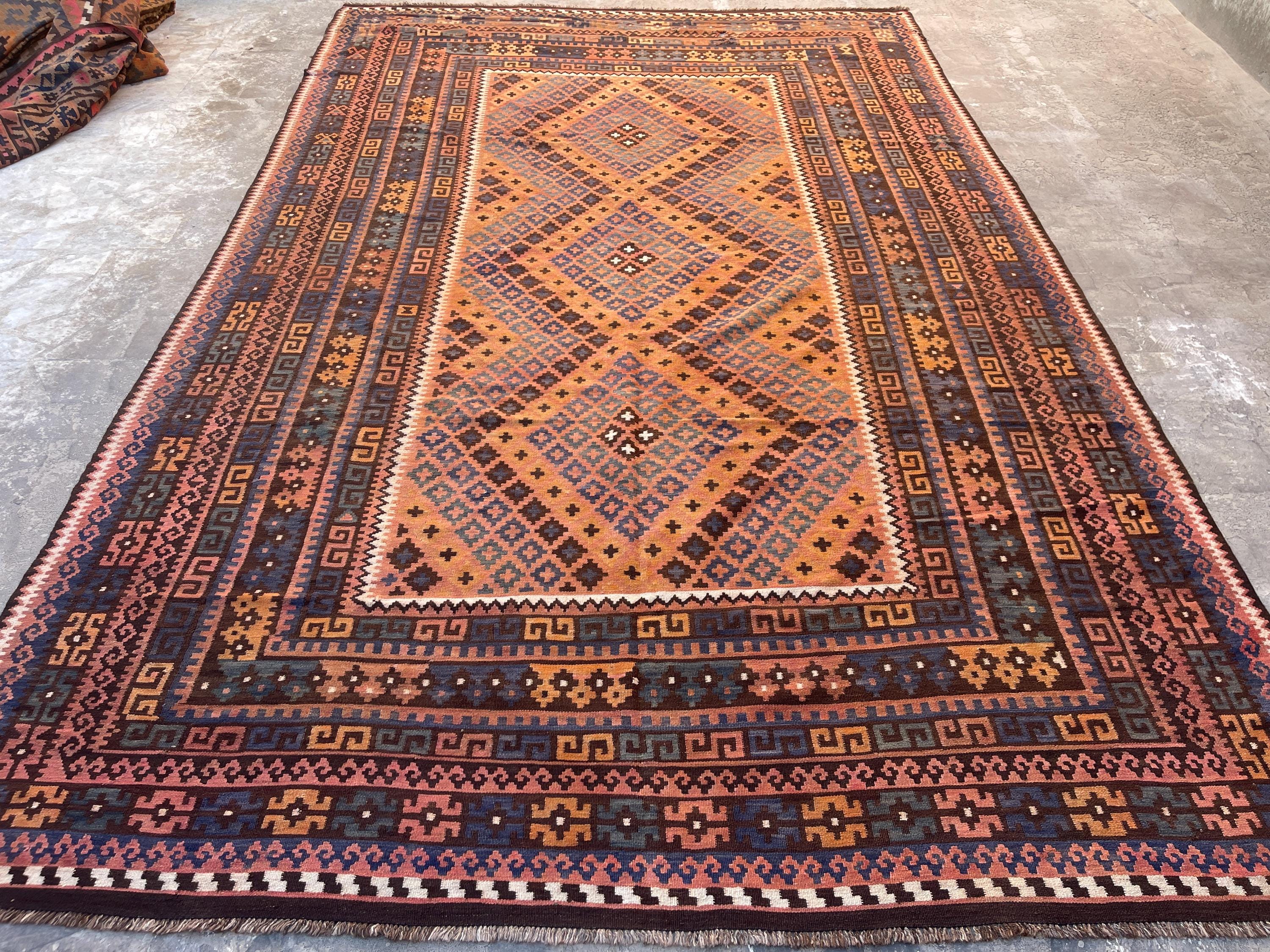 8x13 Afghan Kilim Rug: Orange, Blue, Geometric Wool Flatweave