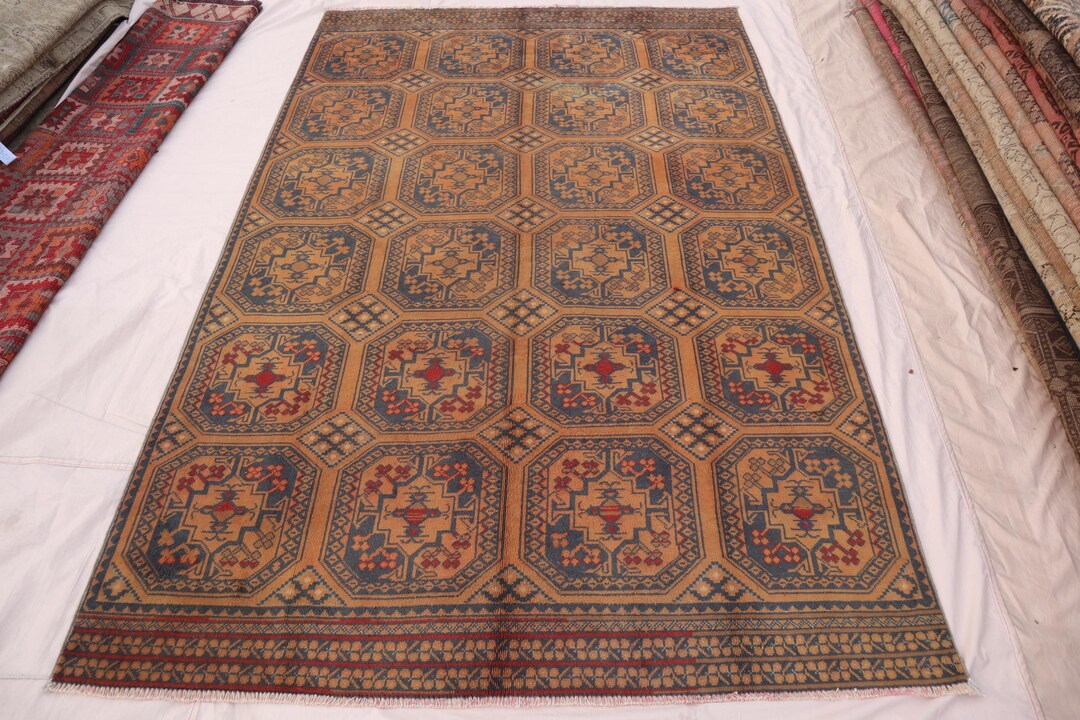 Handmade Wool Rug 5x8: Terracotta Orange Blue Rug, Turkmen