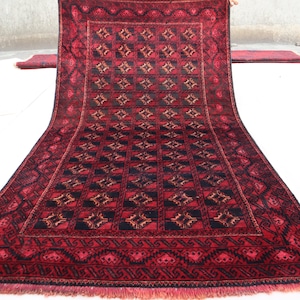 Afghan Balochi Rug, 3x6 Tribal Wool Area Rug, Hand Knotted Rug, Red Black Soft Rug, Turkmen Tribal Rug, Persian Oriental Rug, Kids Room Rug,
