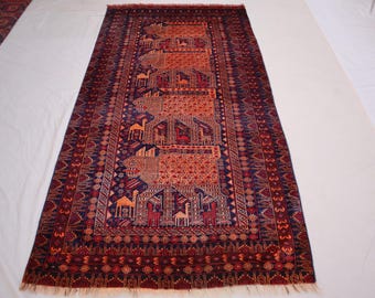Hand-Knotted, Afghan Pictorial Wool Rug, 4x7 Vintage Turkmen Rug,