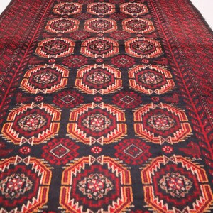 Afghan Geometric Rug, 3x6 Black Red Area Rug, Handmade Wool Rug, Tribal Vintage Rug, Soft Pile Oriental Rug, Turkmen Rare Rug, Office Rug,