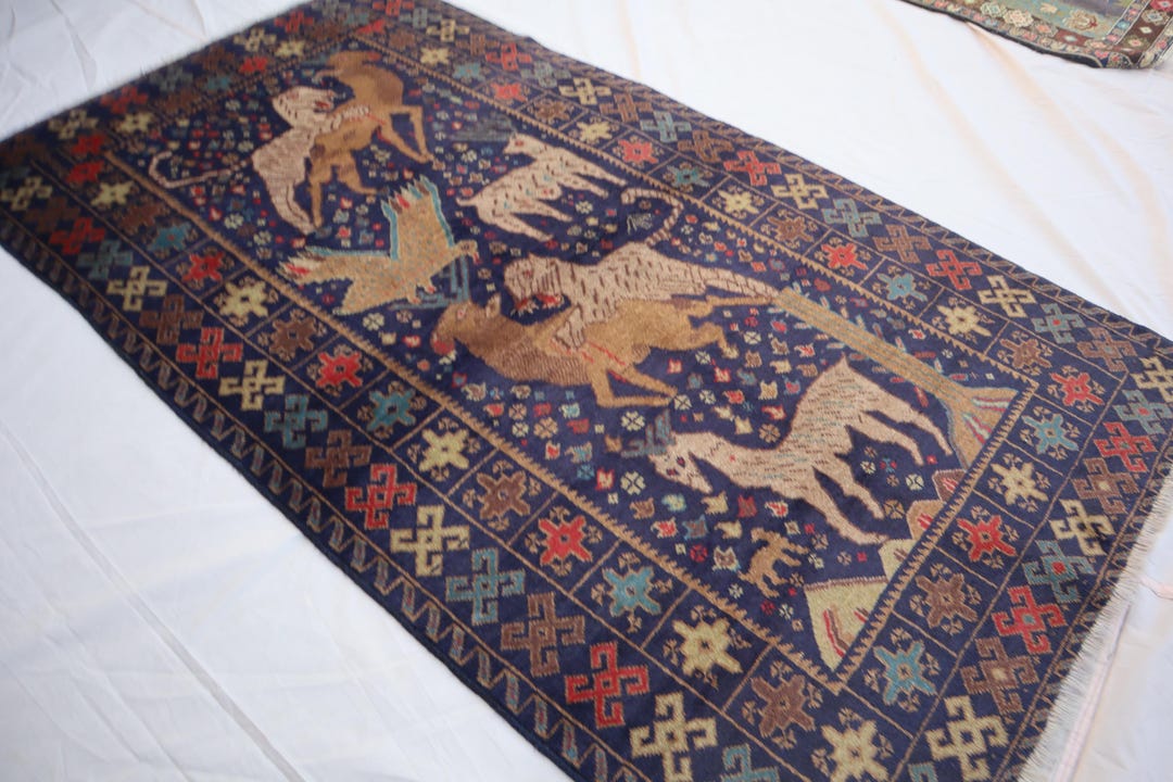 Afghan Pictorial Hunting Rug: Handmade Wool, Vintage Turkmen Design - Etsy