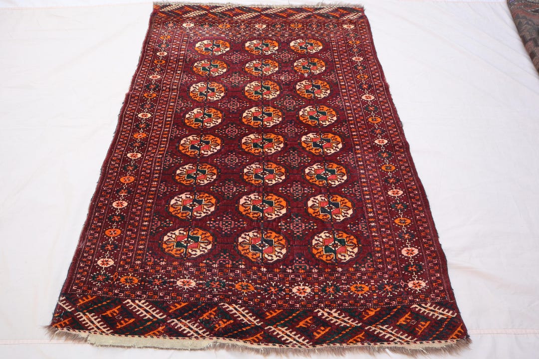 3x4 Antique Mowri Rug: Handmade Afghan Wool, Red Turkmen Design - Etsy