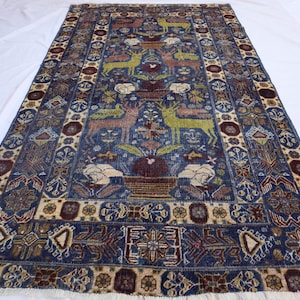 4x8 Pictorial Area Rug, Navy Blue Antique Rug, Animal Pictorial Rug, Low Pile Balochi Rug, Turkmen Tribal Rug, Rugs For Bedroom Living Room,