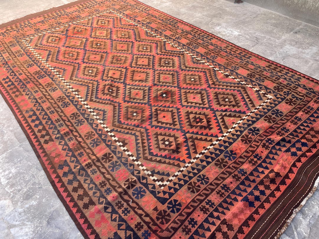 Antique Afghan Kilim Rug: 7x15 Handmade Wool Rug, Terracotta Flatweave ...