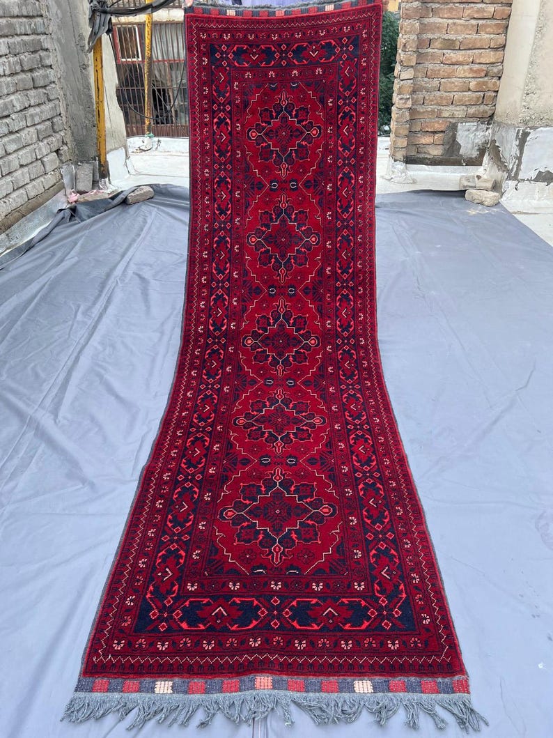Handmade Afghan Wool Runner Rug: Geometric Design, 3x9 Hallway Vintage ...