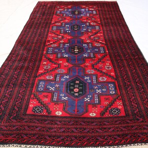 Afghan Red Blue Rug, 4x7 Handmade Wool Rug, Organic Dyes Rug, Nomadic Balochi Rug, Geometric Design Rug, Turkmen Tribal Rug, Living Room Rug
