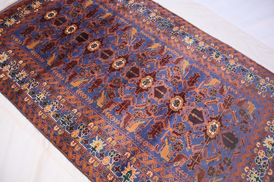 Handmade Afghan Wool Rug: 4x7 Vintage Balochi Geometric Rug - Etsy