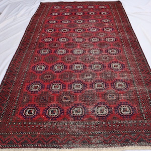 Afghan Vintage Rug, 4x8 Hand Knotted Wool Rug, Low Pile Red Rug, Nomadic Tribal Rug, Geometric Design Rug, Turkmen Rare Rug, Living Room Rug