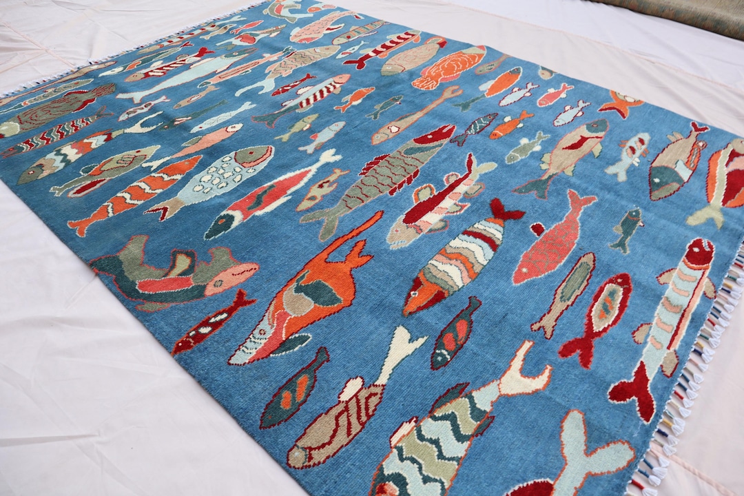 5x7 Fish Design Modern Rug, Navy Blue Tribal Area Rug, Afghan Pictorial ...