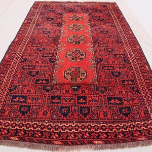 3x6 Hand Knotted Rug, Red Area Wool Rug, Turkmen Tribal Rug, Organic Dyes Rug, Soft Pile Rug, Geometric Design Rugs, Living Room Bedroom Rug