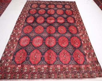 6x9 Vintage Red Rug, Afghan Hand Knotted Wool Rug, Geometric Design, 190x285 cm Carpet,