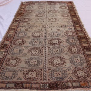 Afghan Antique Rug, 4x7 Low Pile Faded Rug, Handmade Wool Rug, 1960s Old Area Rug, Turkmen Tribal Rug, Geometric Design Rug, Kids Room Rug,