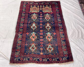 Afghan Navy Blue Rug: 4x5 Ft Hand-knotted Wool, Geometric Design