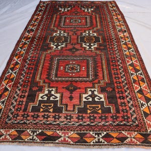 Alfombra anudada a mano de 4x7, alfombra tribal negra y roja, alfombra antigua de diseño caucásico, alfombra de lana con tintes orgánicos, alfombra rara turcomana, alfombra para sala de estar y oficina.