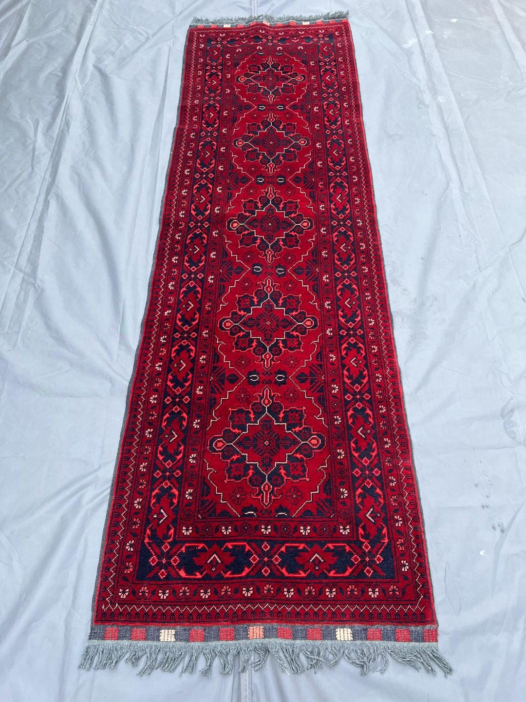 Handmade Afghan Wool Runner Rug: Geometric Design, 3x9 Hallway Vintage ...